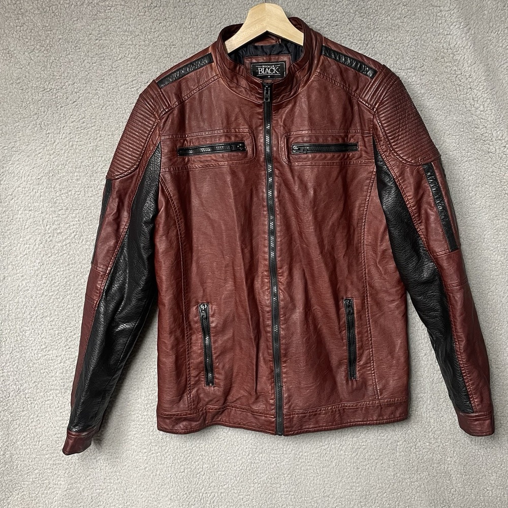 Buckle Black Jacket Mens Medium Red Faux Leather Moto Biker Zip